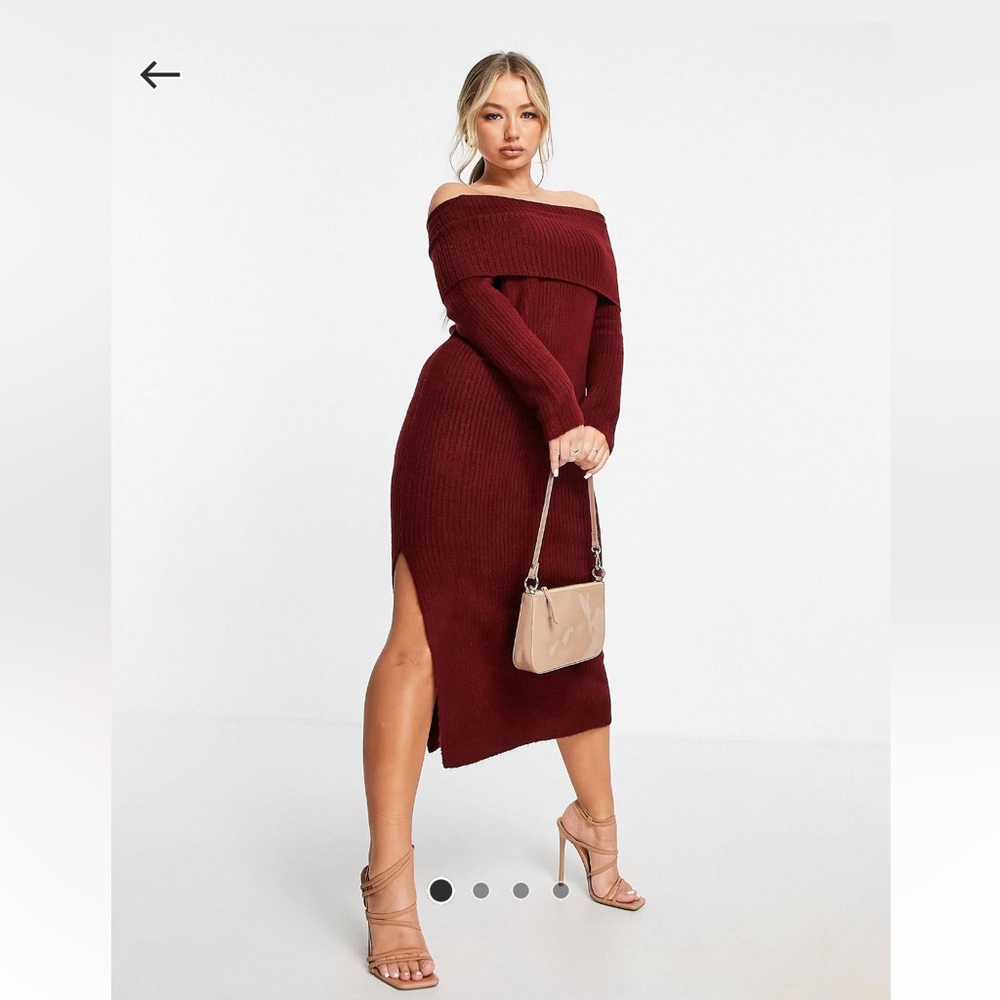 Asos design knitted midi dress with off shoulders in dark red.